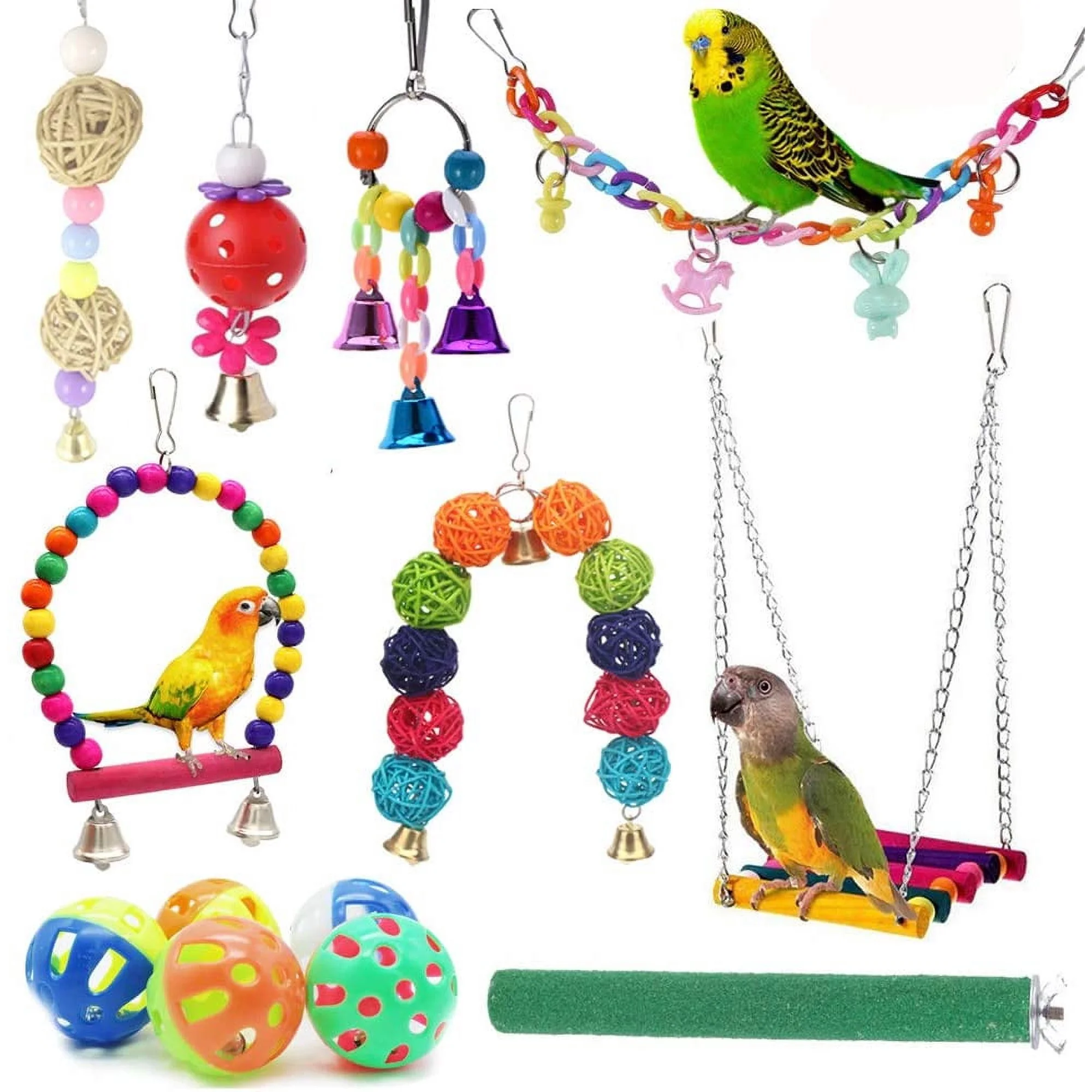 12 Packs Bird Toys Parrot Swing Toys - Chewing Hanging Bell Pet Birds Cage Toys Suitable for Small Parakeets,Love Birds, Cockatiels, Macaws, Finches