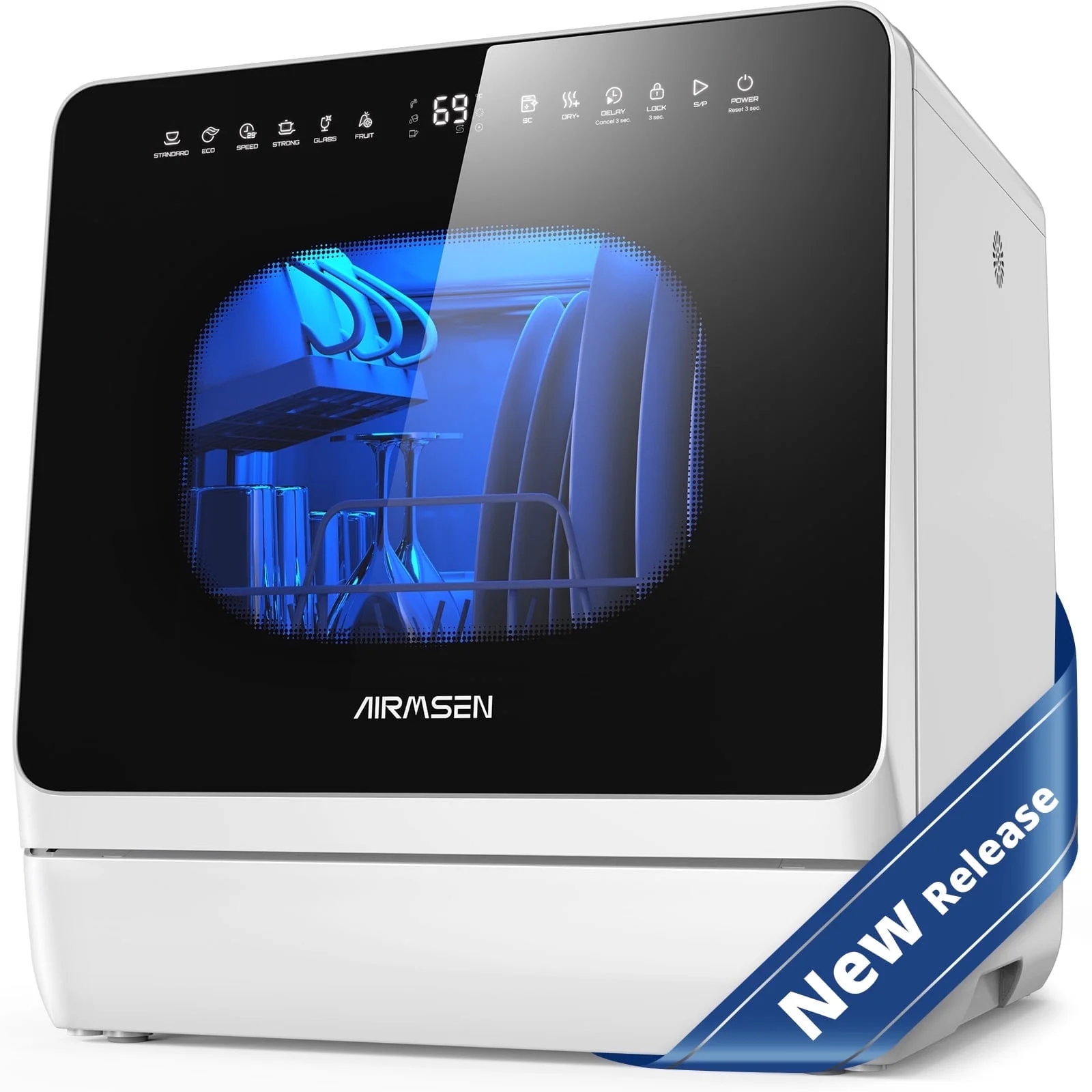 AIRMSEN Countertop Dishwasher with Salt Chamber, Portable Mini Dishwasher with 5L Built-in Water Tank, 18H Delay Start & ECO Mode, Ideal for Apartments & RVs, TDQR09