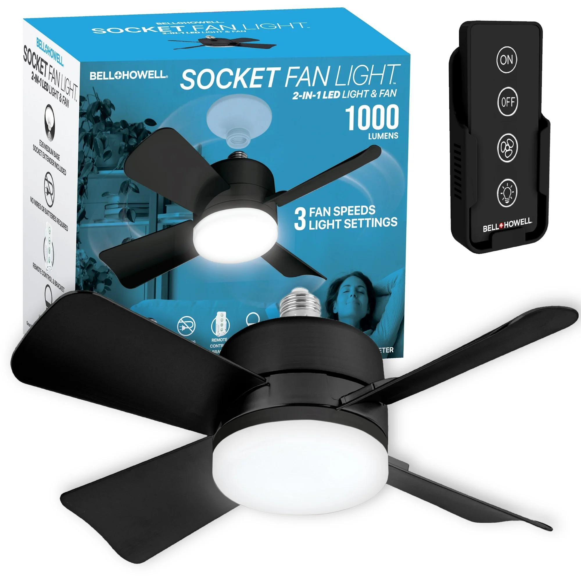 Bell+Howell Socket Breeze Socket Fan Light with Remote, Portable Small Ceiling Fans with Lights for Bedroom, Kitchen, Living Room, Ceiling Fan with Light 3500K, 1000 Lumens