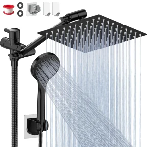 GPED Shower Head, 8” High Pressure Rainfall/Handheld Shower Combo with 11” Extension Arm(Adjustable Height/Angle), Handheld Shower Head with 5 Modes & Holder, Anti-leak 60" Hose, Matte Black