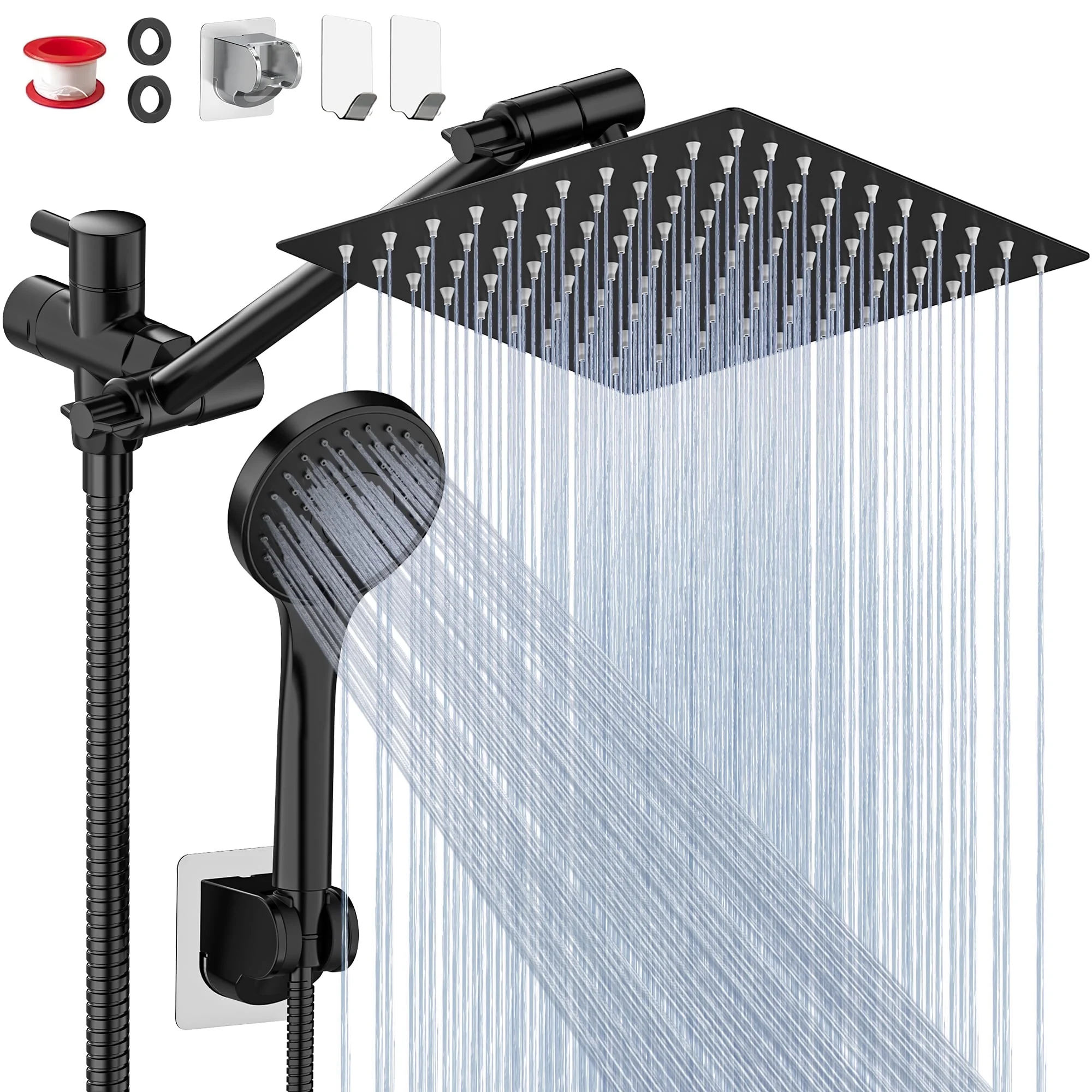 GPED Shower Head, 8” High Pressure Rainfall/Handheld Shower Combo with 11” Extension Arm(Adjustable Height/Angle), Handheld Shower Head with 5 Modes & Holder, Anti-leak 60" Hose, Matte Black