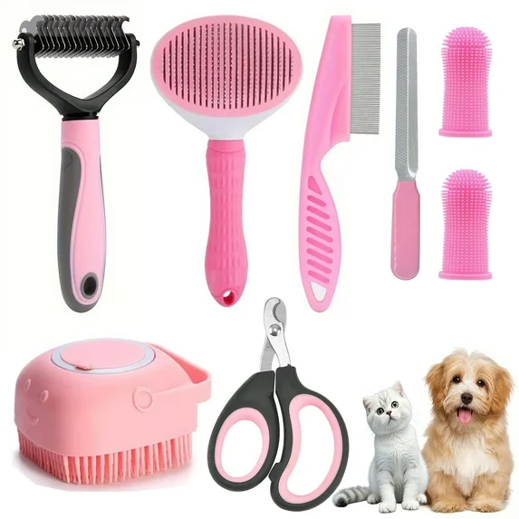 Hoolife Pet Grooming Brush Kit, 8 Pcs for Shedding & Matted Fur, with Flea Comb and Dog Bath Brush, Cat Dog Brush Grooming Kits, Pink