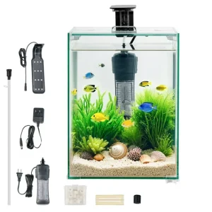 KFFKFF 5 Gallon Square Ultra-Clear Glass Aquarium with Adjustable 3-Color Lighting and Self-Cleaning System for Freshwater and Saltwater Fish, Ideal for Home, Office, or Pet Use